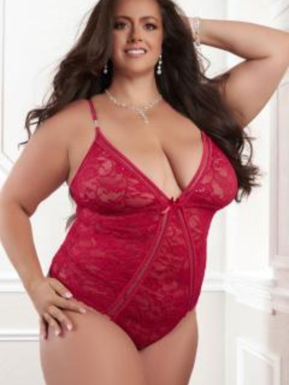 2pc Dramatic Lace Garter Teddy - Tango Red - Qs